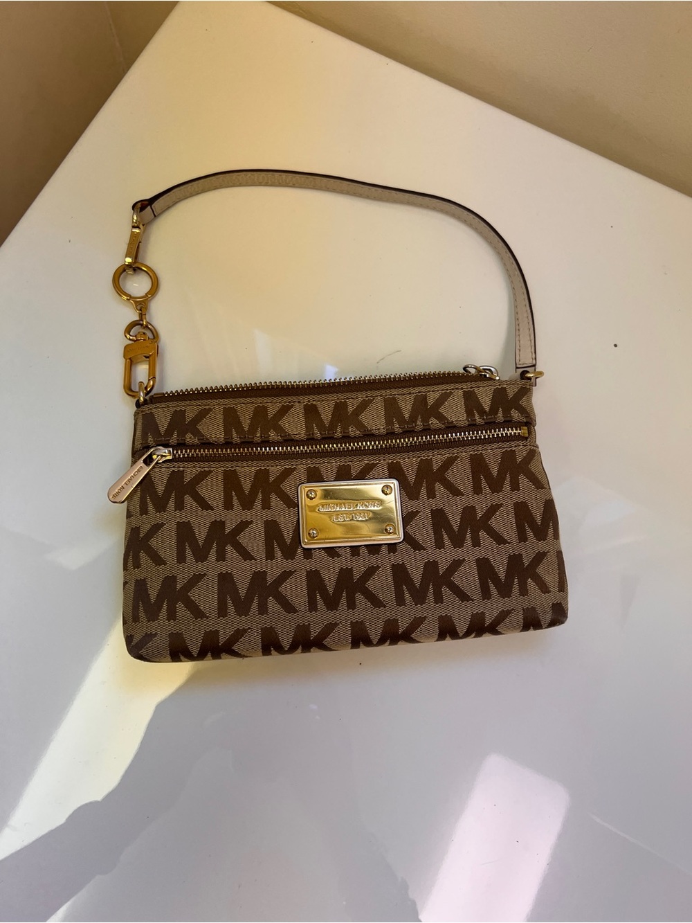 Michael Kors Brown Signature MK Logo Wristlet with Gold Hardware